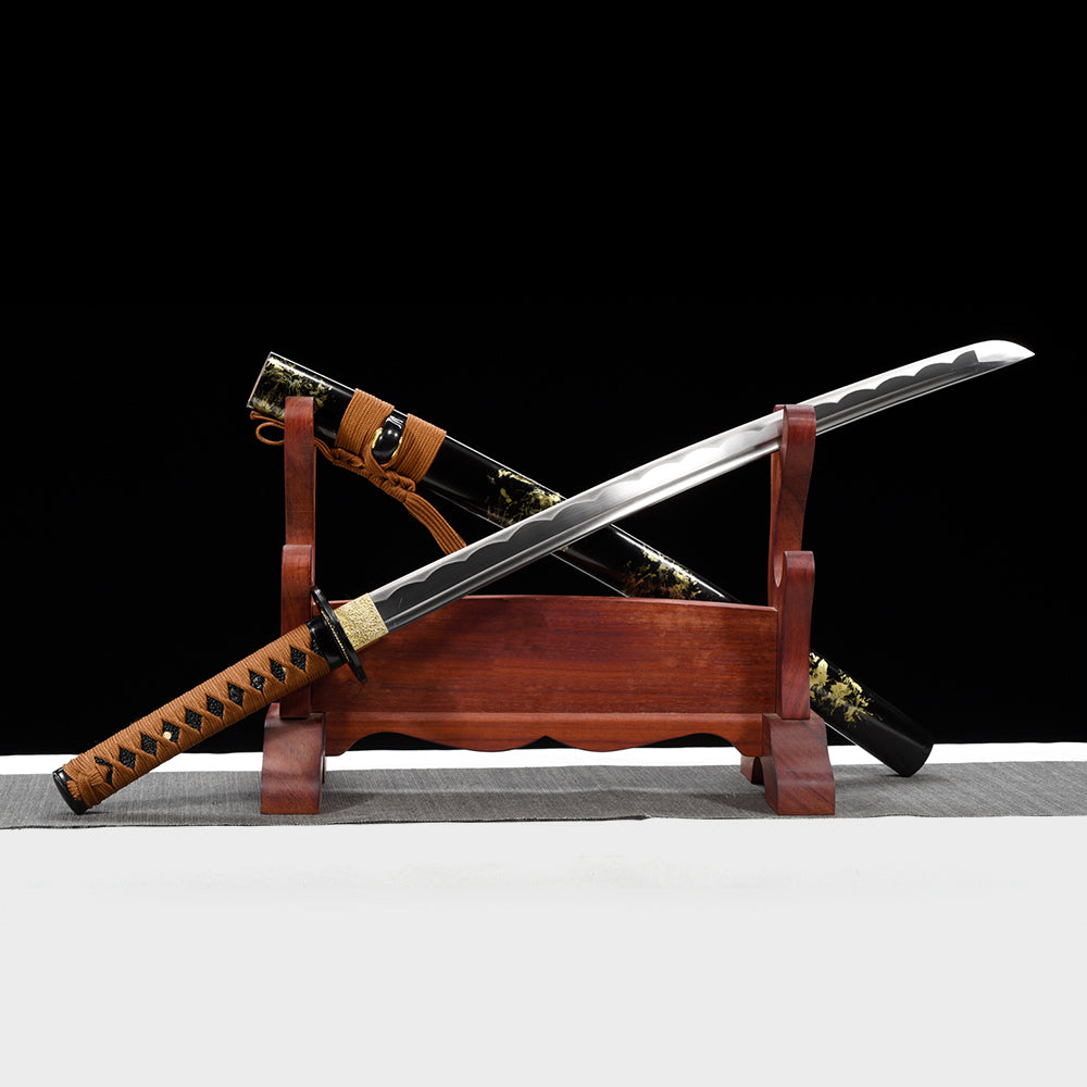 Traditional Japanese Wakizashi Sword with Black and Golden Saya