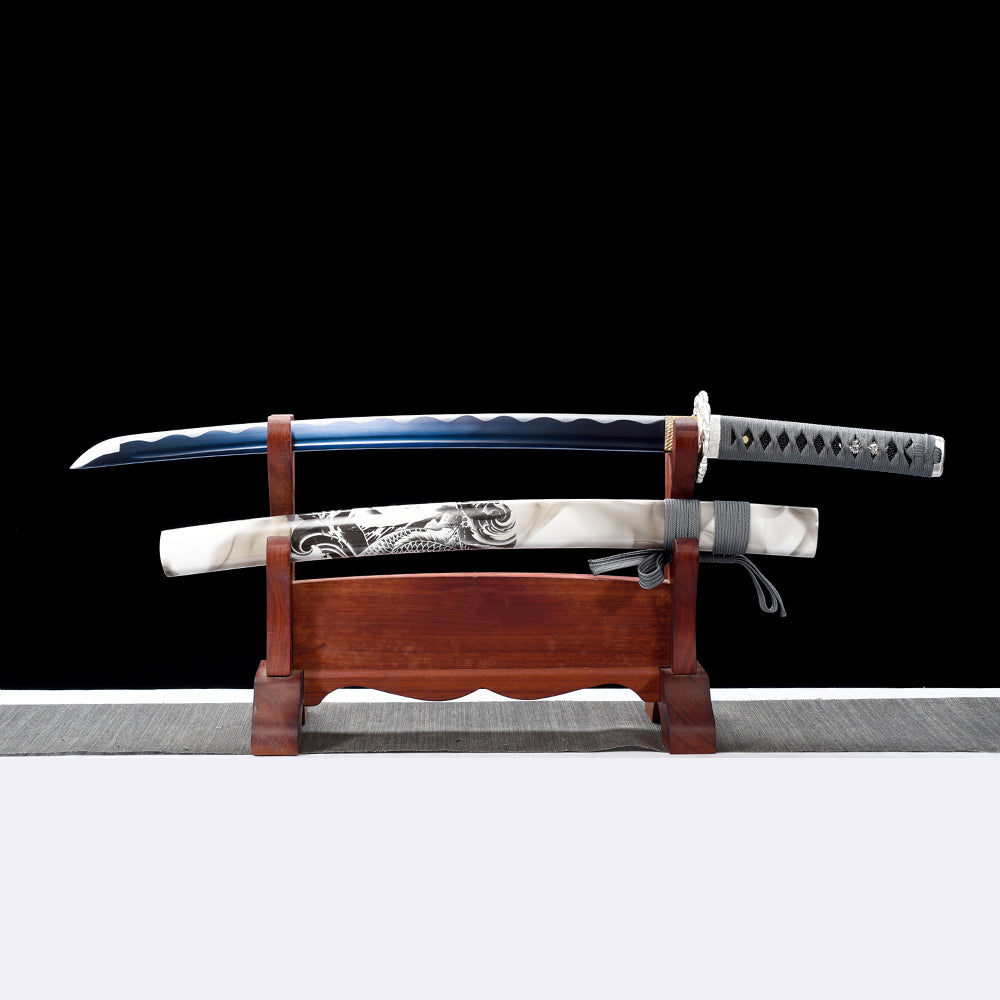 Cheap Sword-Japanese Wakizashi with Blue Blade and Silver Tsuba