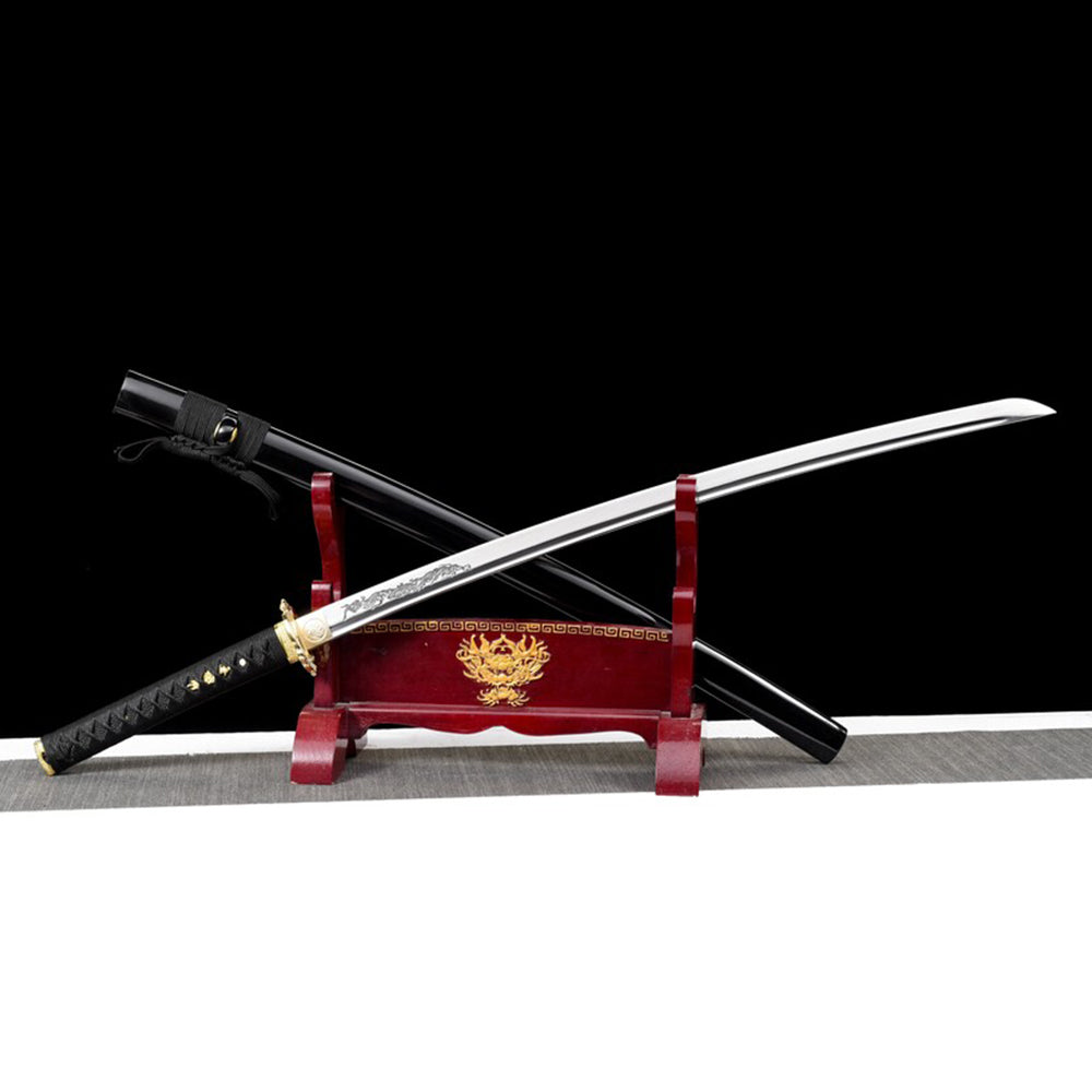 Handmade Katana Sword Set - Black Long Japanese Samurai Sword and Tanto for Sale