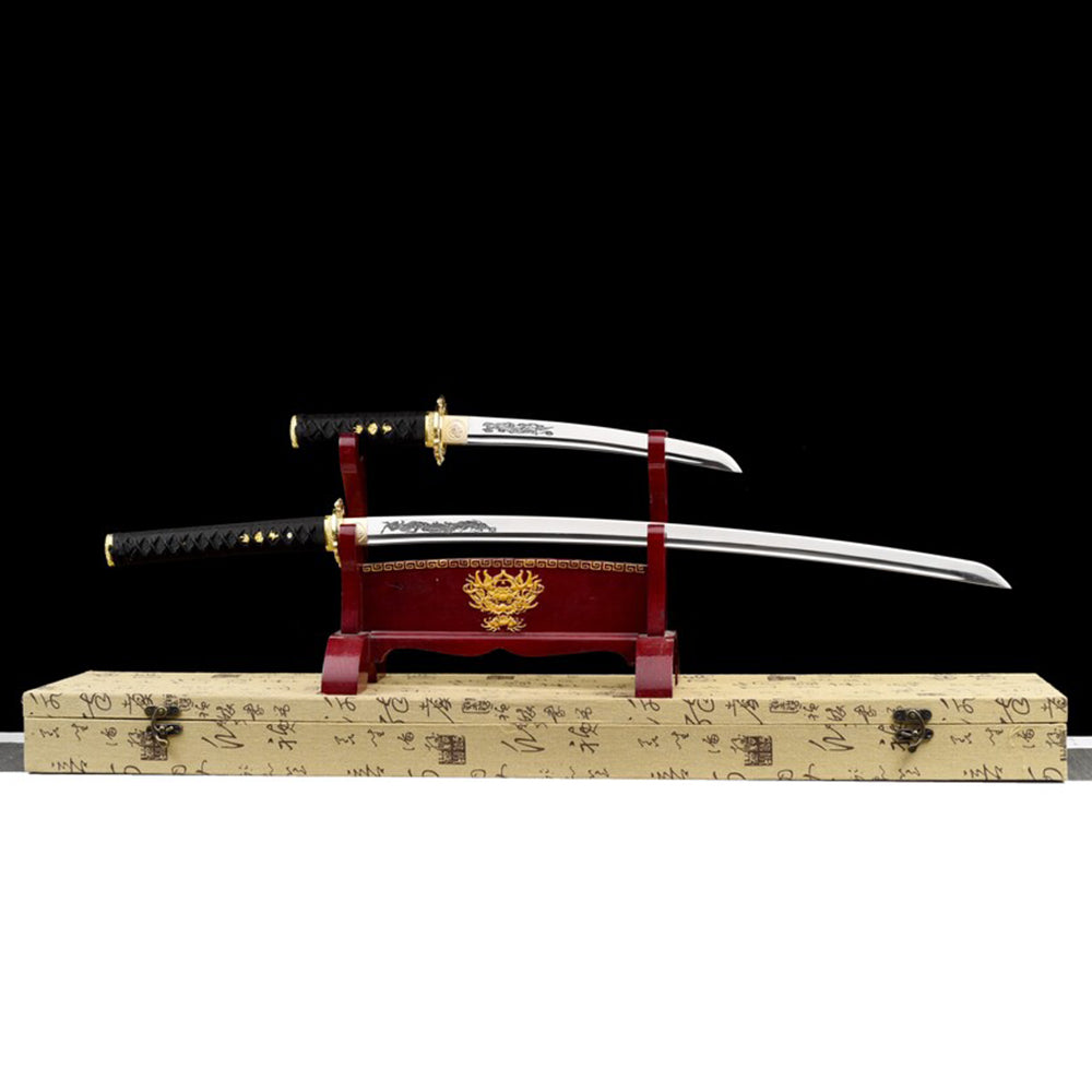 Handmade Katana Sword Set - Black Long Japanese Samurai Sword and Tanto for Sale