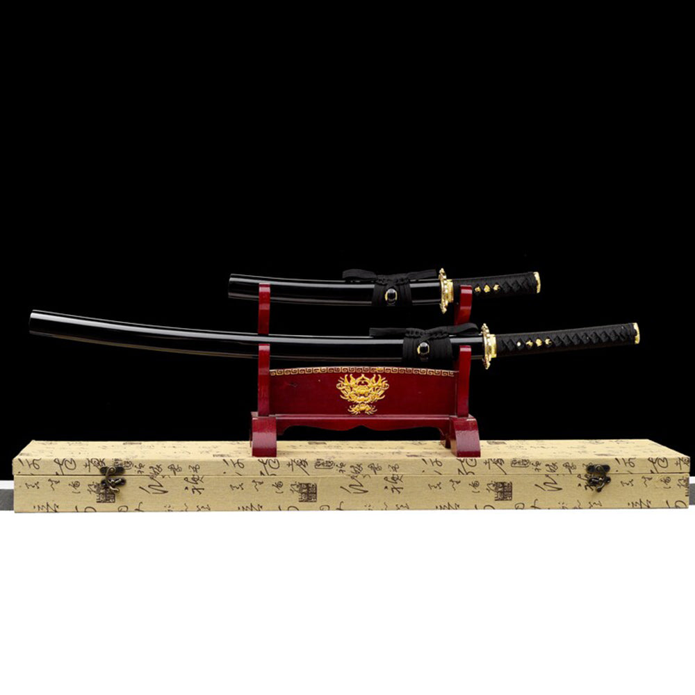 Handmade Katana Sword Set - Black Long Japanese Samurai Sword and Tanto for Sale