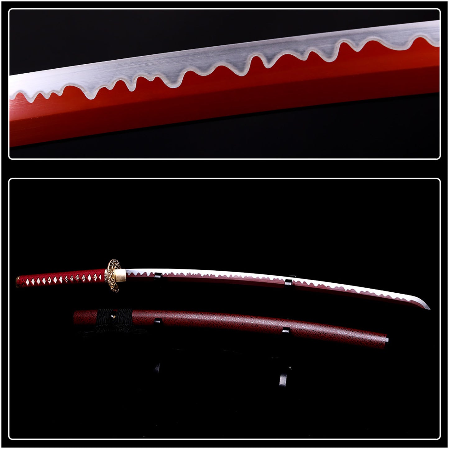 Red hilt gold dragon tsuba sword