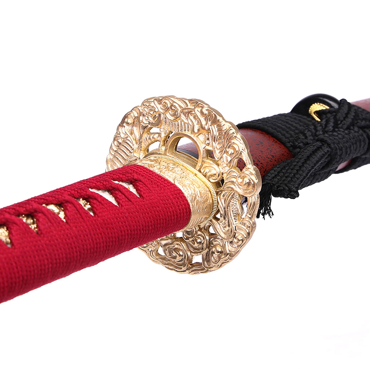 Red hilt gold dragon tsuba sword
