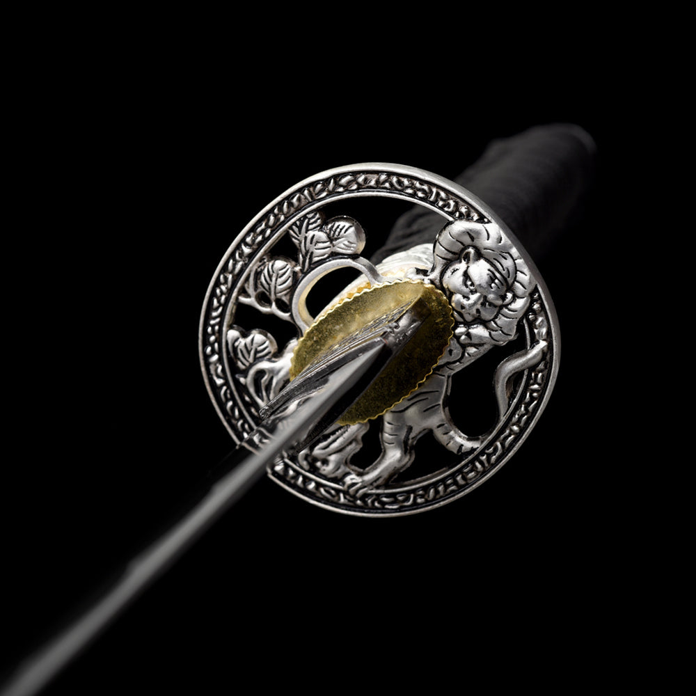 Blue Wakizashi Sword-Silver Tiger Fittings with Full Tang Blade