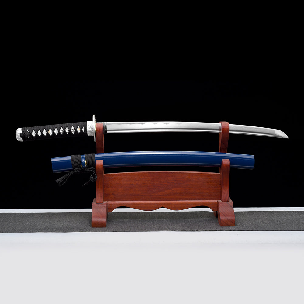 Blue Wakizashi Sword-Silver Tiger Fittings with Full Tang Blade