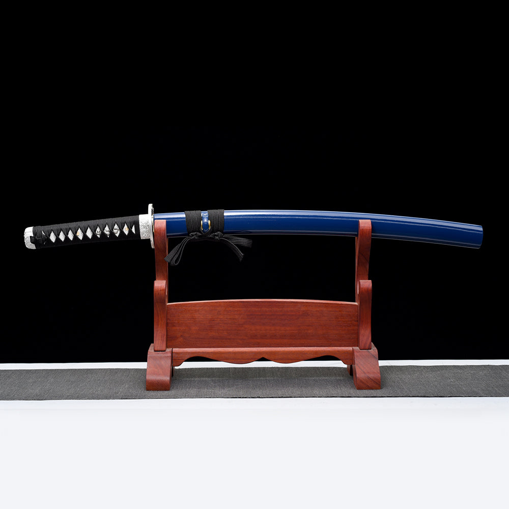 Blue Wakizashi Sword-Silver Tiger Fittings with Full Tang Blade