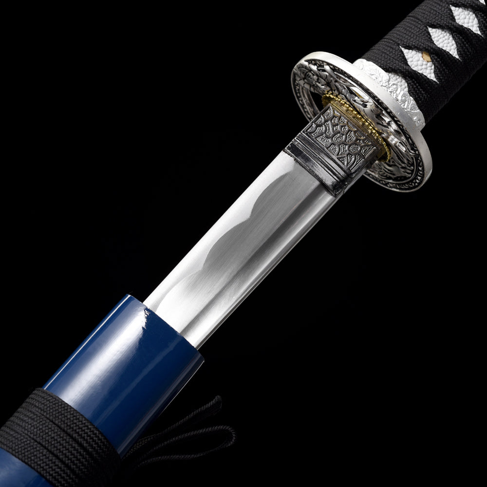Blue Wakizashi Sword-Silver Tiger Fittings with Full Tang Blade