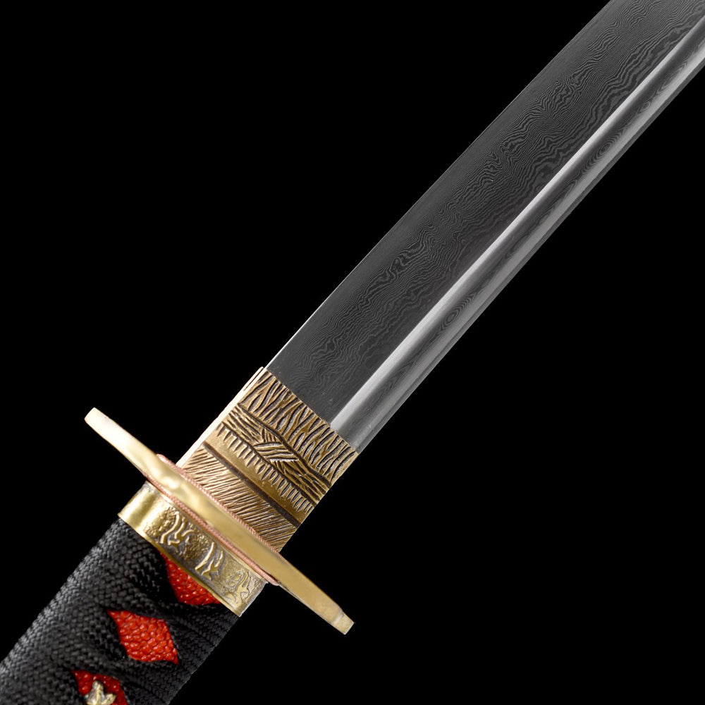 Handmade Damascus Steel Sword-Japanese Wakizashi with Brass Tsuba