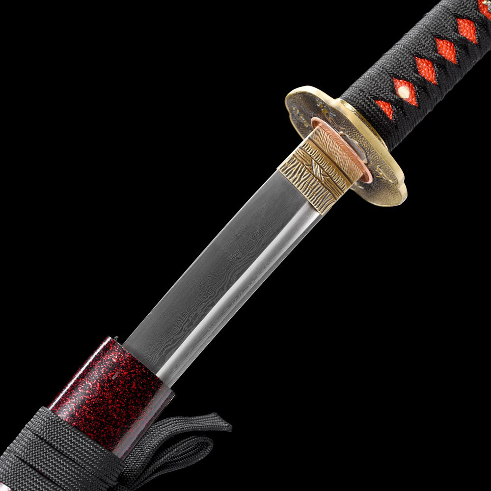 Handmade Damascus Steel Sword-Japanese Wakizashi with Brass Tsuba