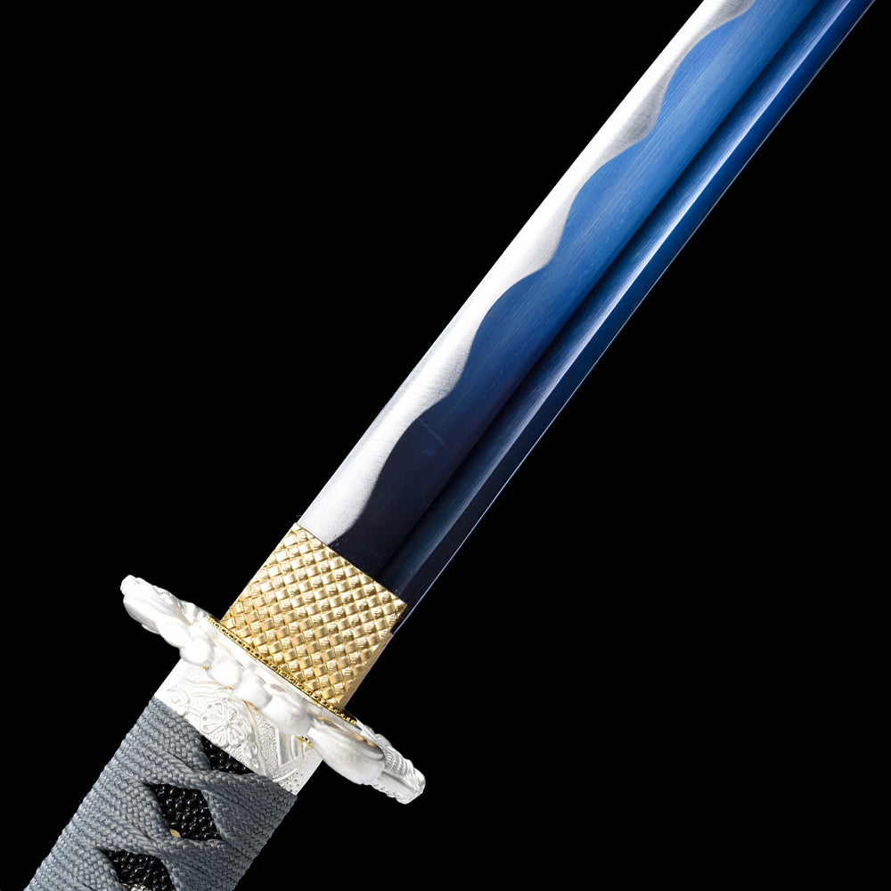 Cheap Sword-Japanese Wakizashi with Blue Blade and Silver Tsuba