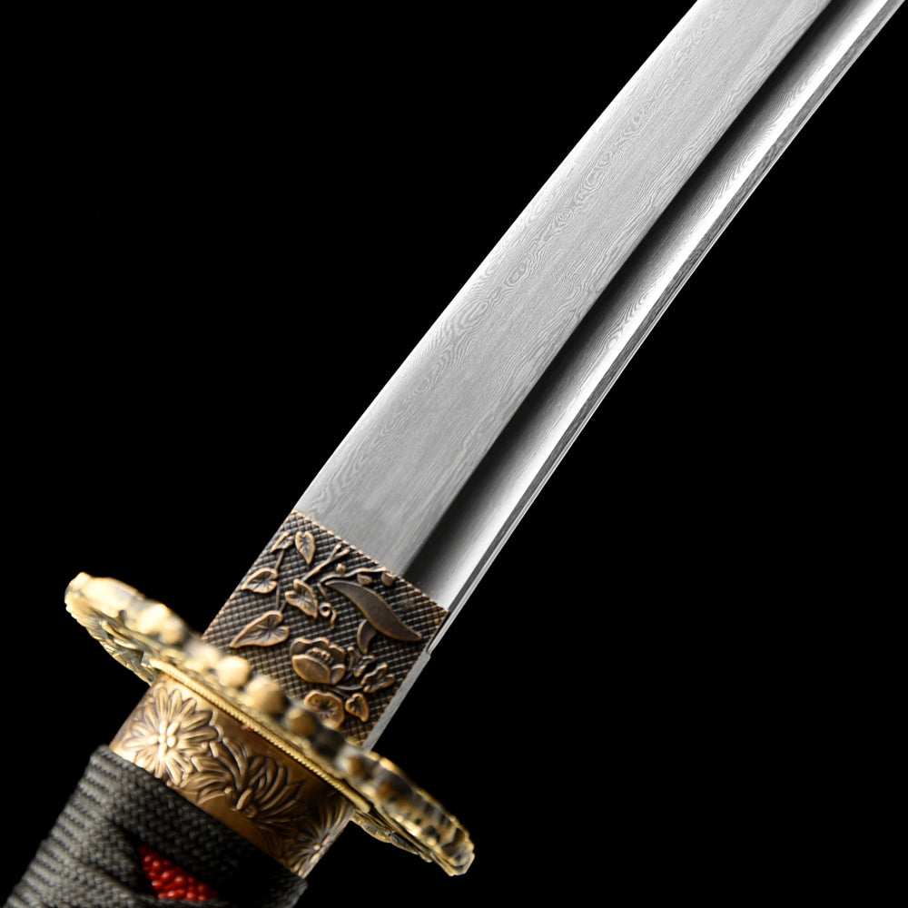 Traditional Damascus Steel Tanto-Japanese Short Sword with Brass Tsuba