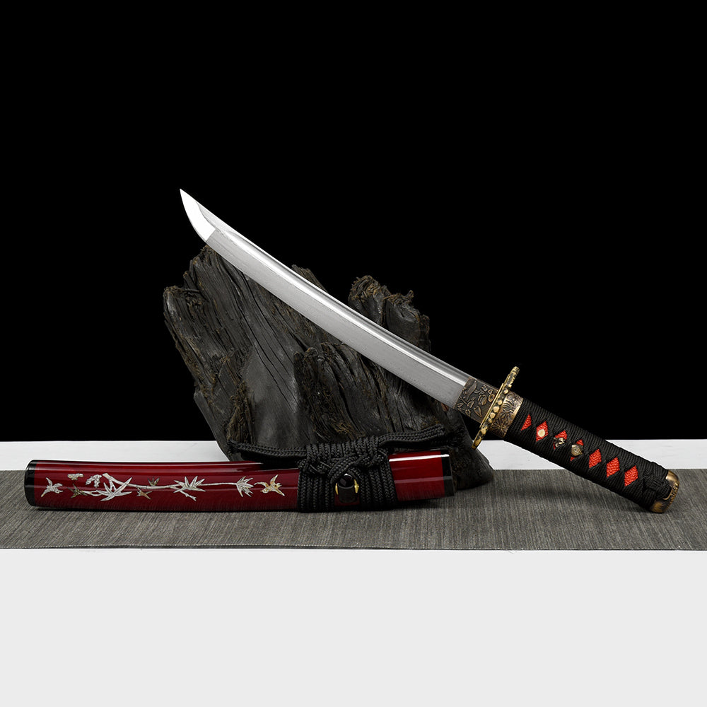 Traditional Damascus Steel Tanto-Japanese Short Sword with Brass Tsuba