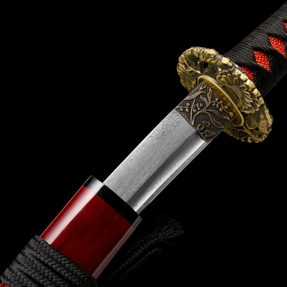 Traditional Damascus Steel Tanto-Japanese Short Sword with Brass Tsuba