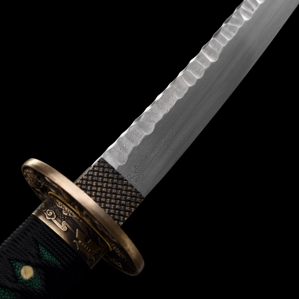 Authentic Damascus Steel Short Sword-Handmade Tanto with Brass Tsuba