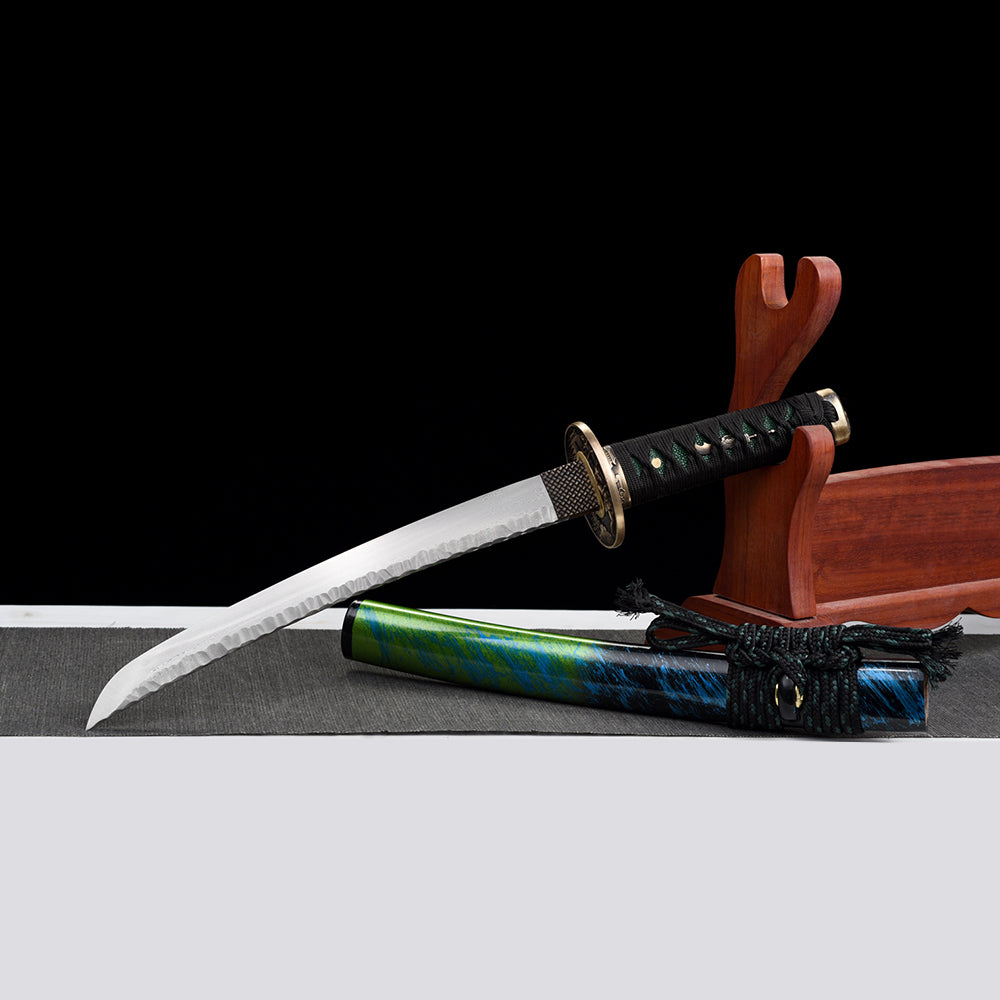 Authentic Damascus Steel Short Sword-Handmade Tanto with Brass Tsuba