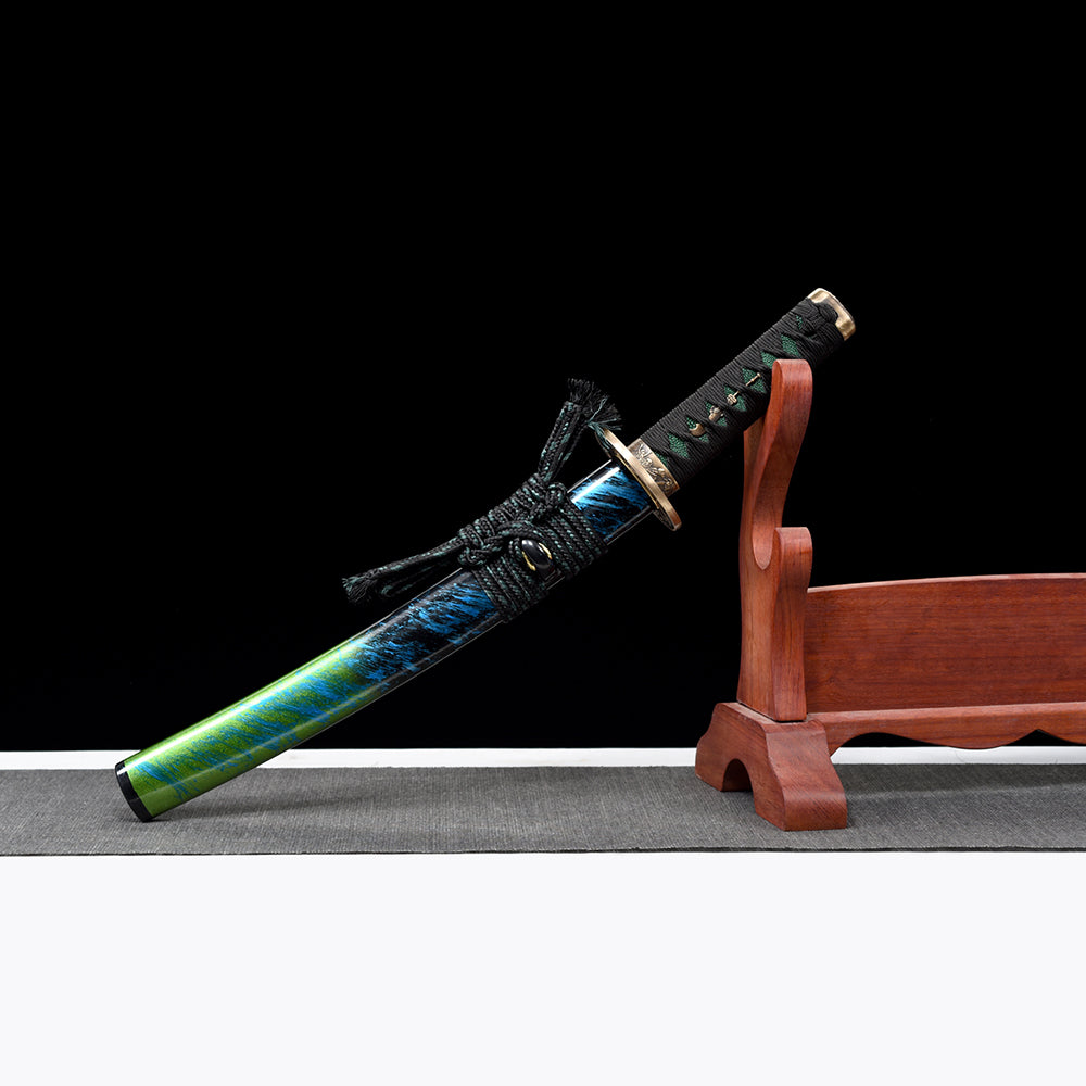 Authentic Damascus Steel Short Sword-Handmade Tanto with Brass Tsuba