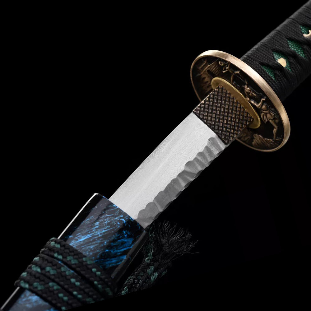 Authentic Damascus Steel Short Sword-Handmade Tanto with Brass Tsuba